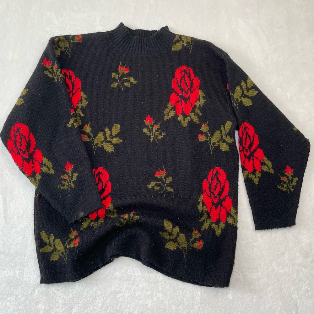 VTG Blue Morgan 90s Rose Knit Mock Neck Sweater Womens Sz S Coquette Grunge Goth